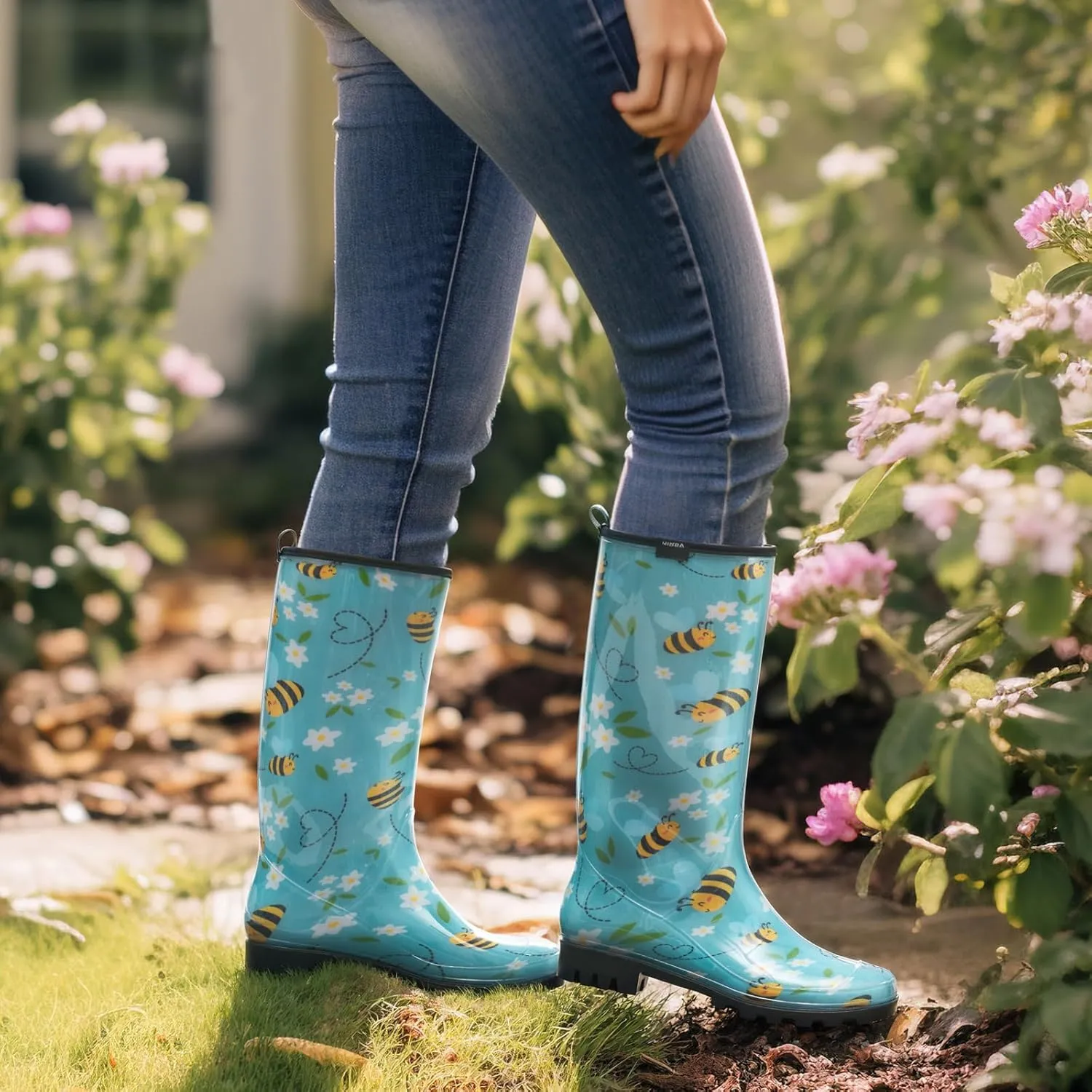 HISEA Women's Rain Boots Waterproof Garden Shoes Colorful Printed Knee High Rubber Boots Anti-Slipping Rainboots for Ladies with Comfort Insole Tall Wellington Rain Shoes