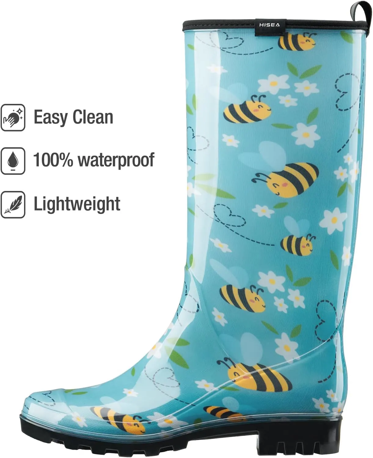 HISEA Women's Rain Boots Waterproof Garden Shoes Colorful Printed Knee High Rubber Boots Anti-Slipping Rainboots for Ladies with Comfort Insole Tall Wellington Rain Shoes
