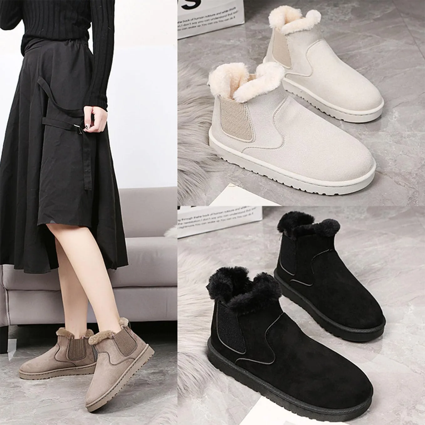 LNERIP Womens Snow Boots Mini Platform Boot Short Ankle Boots Thickened Flat Boot Fur Fleece Lined Slide Sandals Warm Durable Anti-Slip House Shoes for Outdoor
