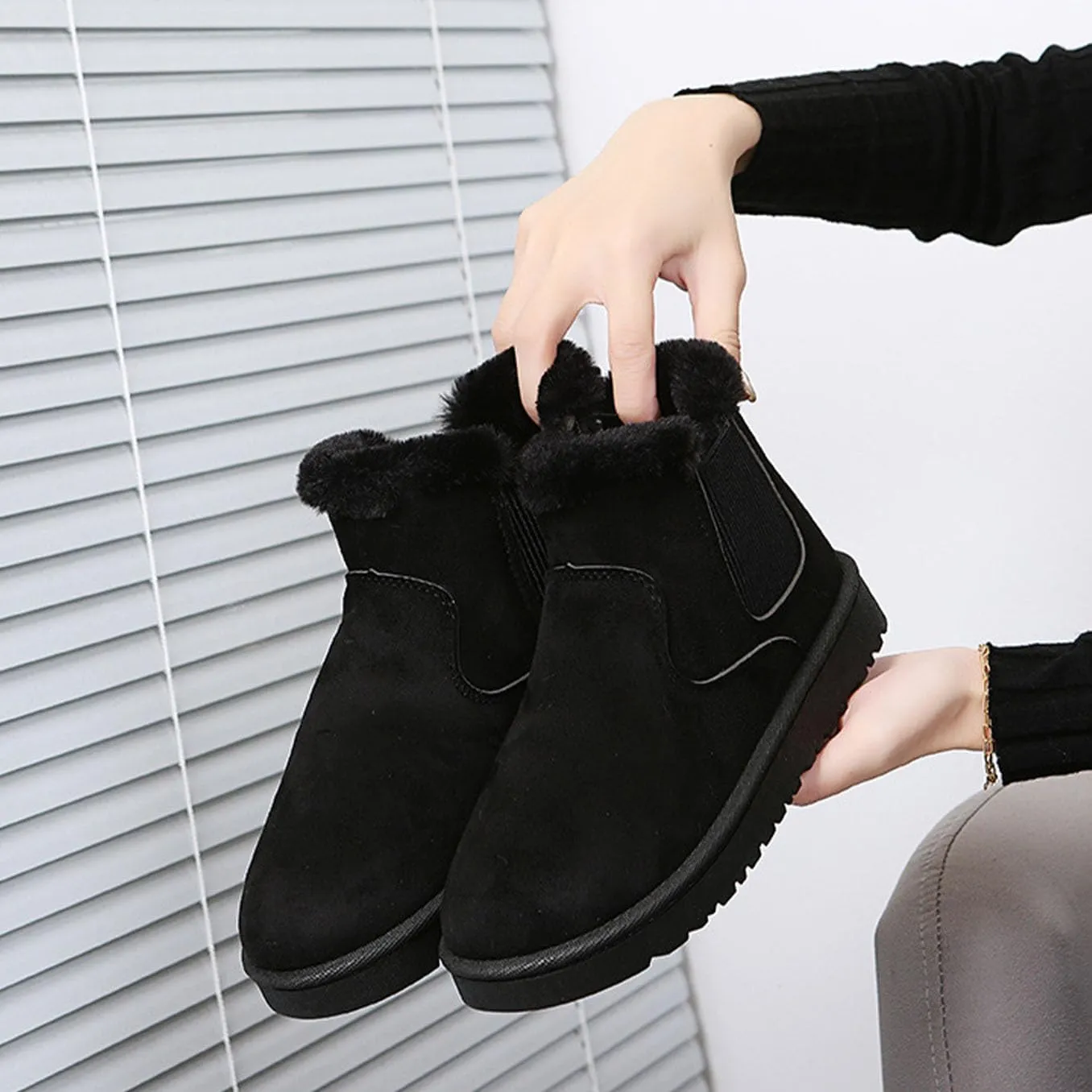 LNERIP Womens Snow Boots Mini Platform Boot Short Ankle Boots Thickened Flat Boot Fur Fleece Lined Slide Sandals Warm Durable Anti-Slip House Shoes for Outdoor