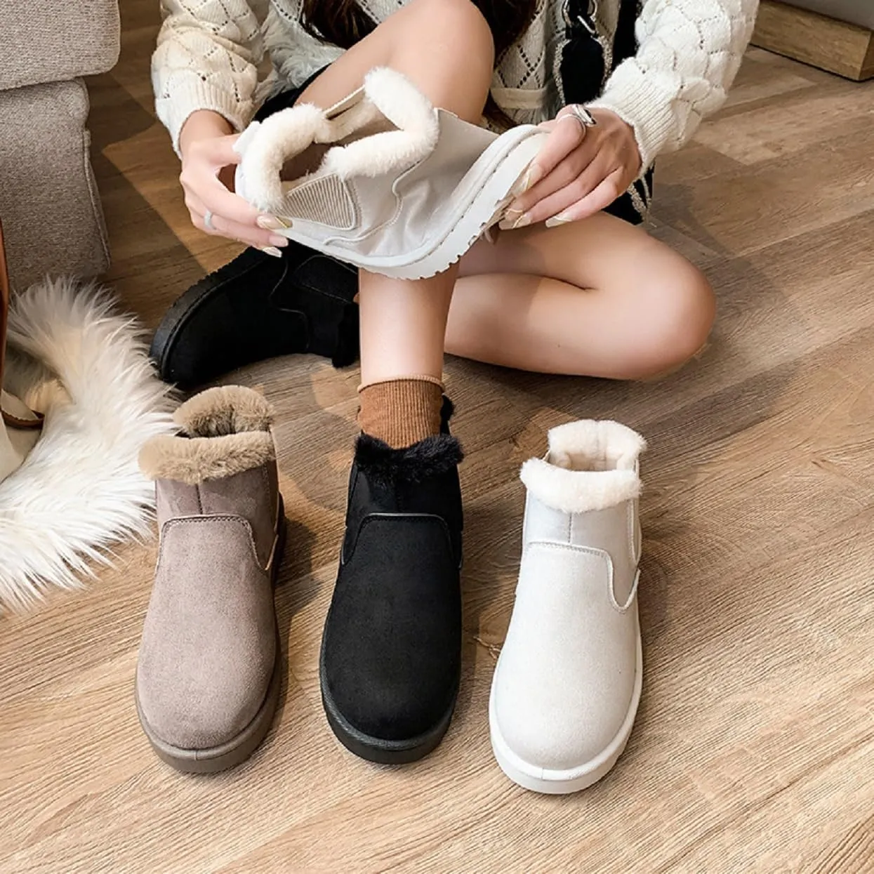 LNERIP Womens Snow Boots Mini Platform Boot Short Ankle Boots Thickened Flat Boot Fur Fleece Lined Slide Sandals Warm Durable Anti-Slip House Shoes for Outdoor