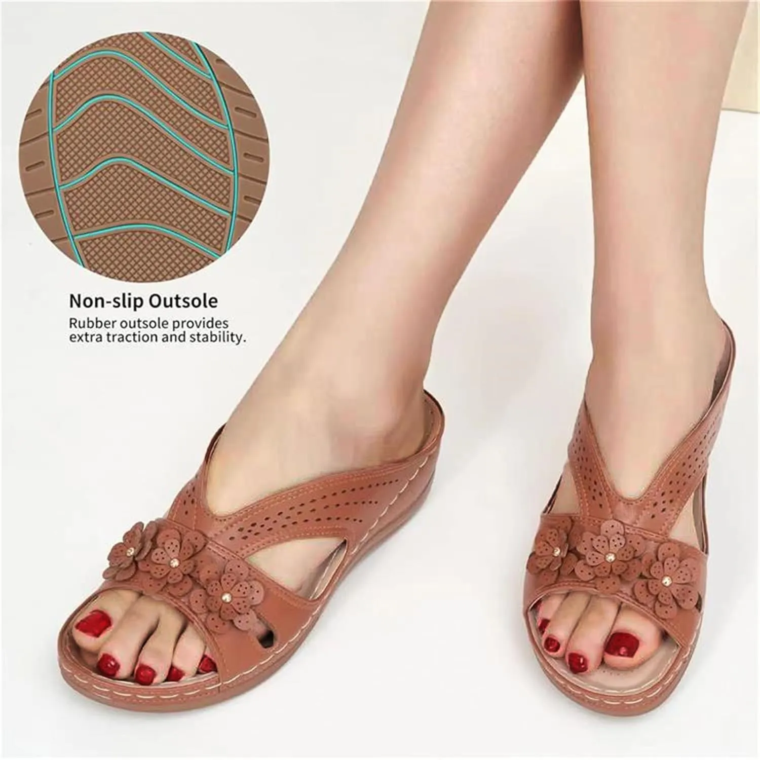 Summer Platform Wedge Sandals for Women Comfortable Slip on Dressy Leather Sandals Trendy Flowers Lightweight Memory Foam Shoes Indoor Outdoor