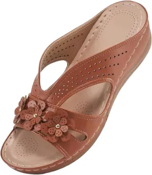 Summer Platform Wedge Sandals for Women Comfortable Slip on Dressy Leather Sandals Trendy Flowers Lightweight Memory Foam Shoes Indoor Outdoor
