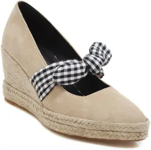 Women's Slip On Wedge Pumps Pointed Toe Faux Suede Stylish Bowknot Espadrille Platform Dress Shoes