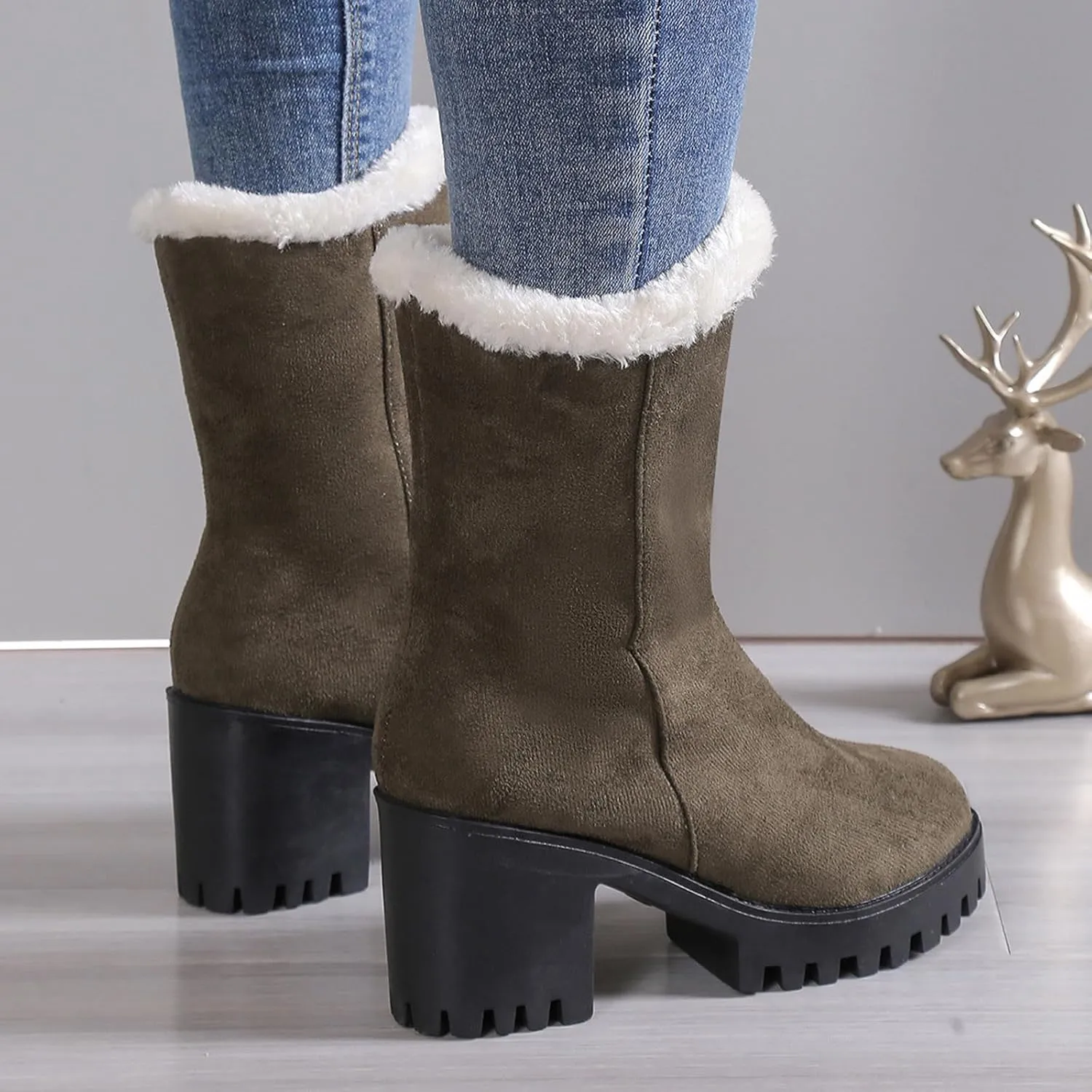 Women's Snow Boots Mid Calf Suede Chunky Heel Winter Casual Boots Warm Fur Lined Booties Slip on Fleece Ankle Boots Lace Up Ladies Lightweight Walking Hiking Boots