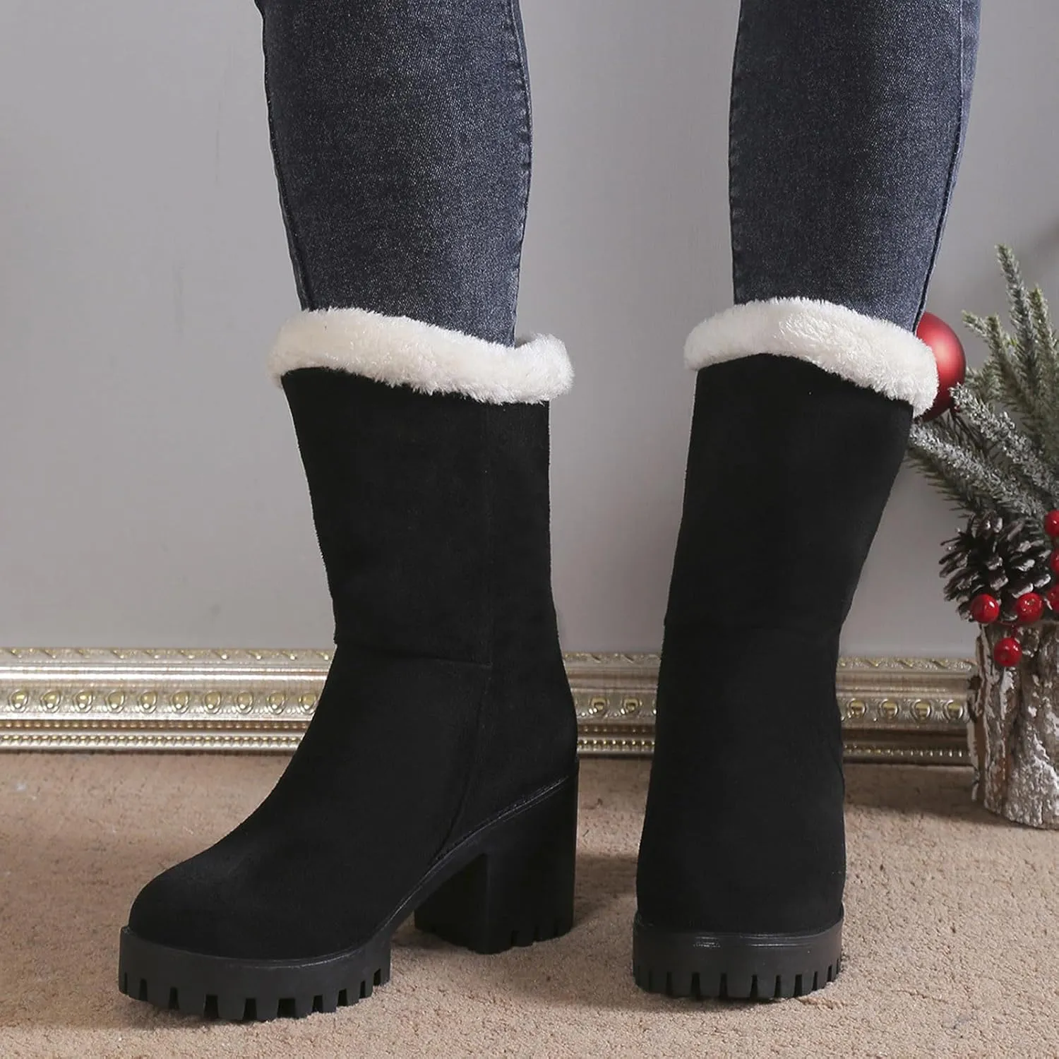 Women's Snow Boots Mid Calf Suede Chunky Heel Winter Casual Boots Warm Fur Lined Booties Slip on Fleece Ankle Boots Lace Up Ladies Lightweight Walking Hiking Boots