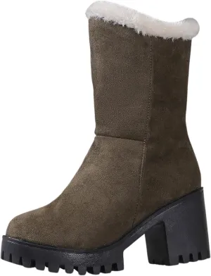 Women's Snow Boots Mid Calf Suede Chunky Heel Winter Casual Boots Warm Fur Lined Booties Slip on Fleece Ankle Boots Lace Up Ladies Lightweight Walking Hiking Boots