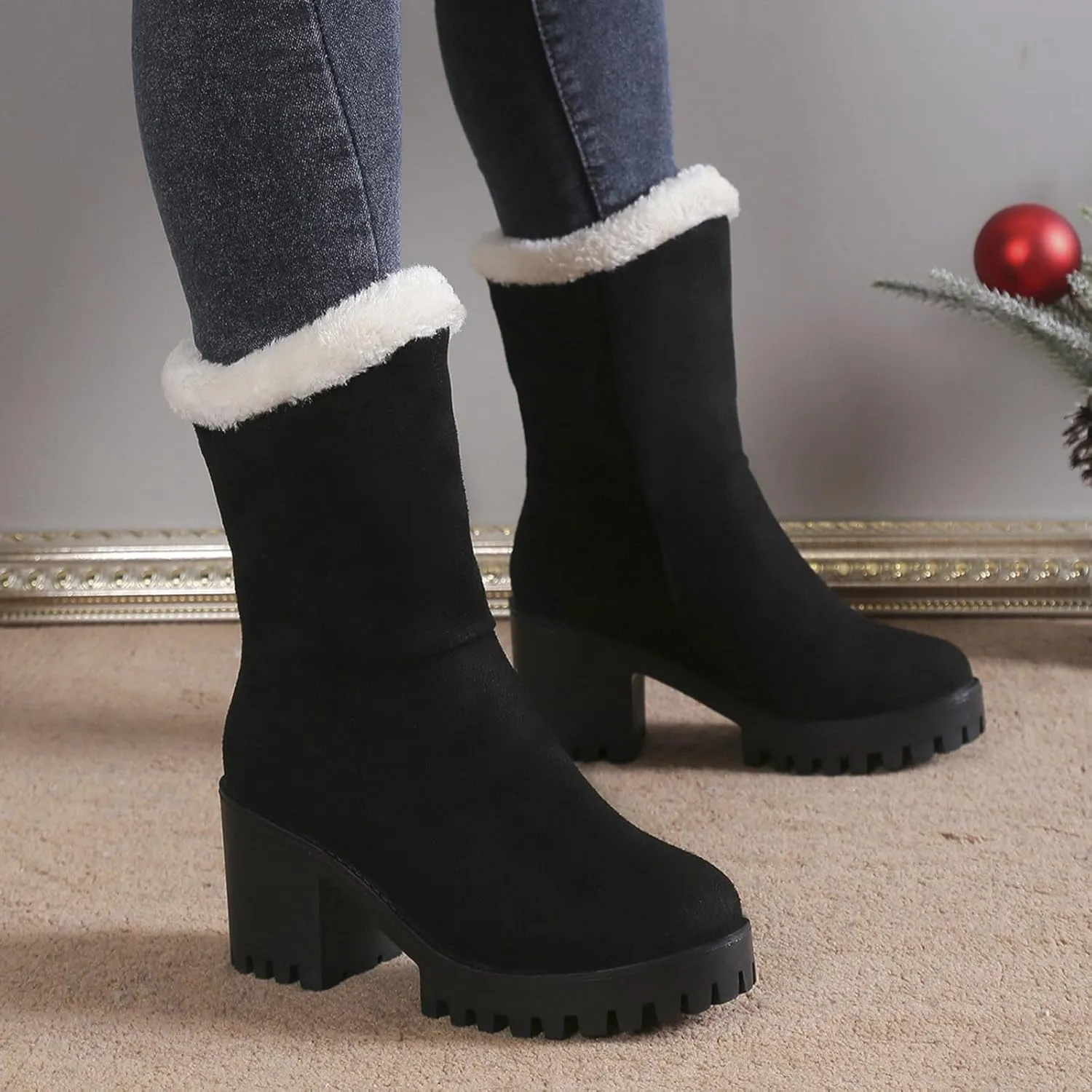 Women's Snow Boots Mid Calf Suede Chunky Heel Winter Casual Boots Warm Fur Lined Booties Slip on Fleece Ankle Boots Lace Up Ladies Lightweight Walking Hiking Boots