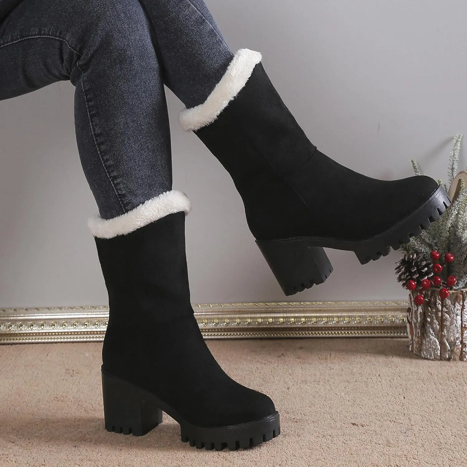 Women's Snow Boots Mid Calf Suede Chunky Heel Winter Casual Boots Warm Fur Lined Booties Slip on Fleece Ankle Boots Lace Up Ladies Lightweight Walking Hiking Boots