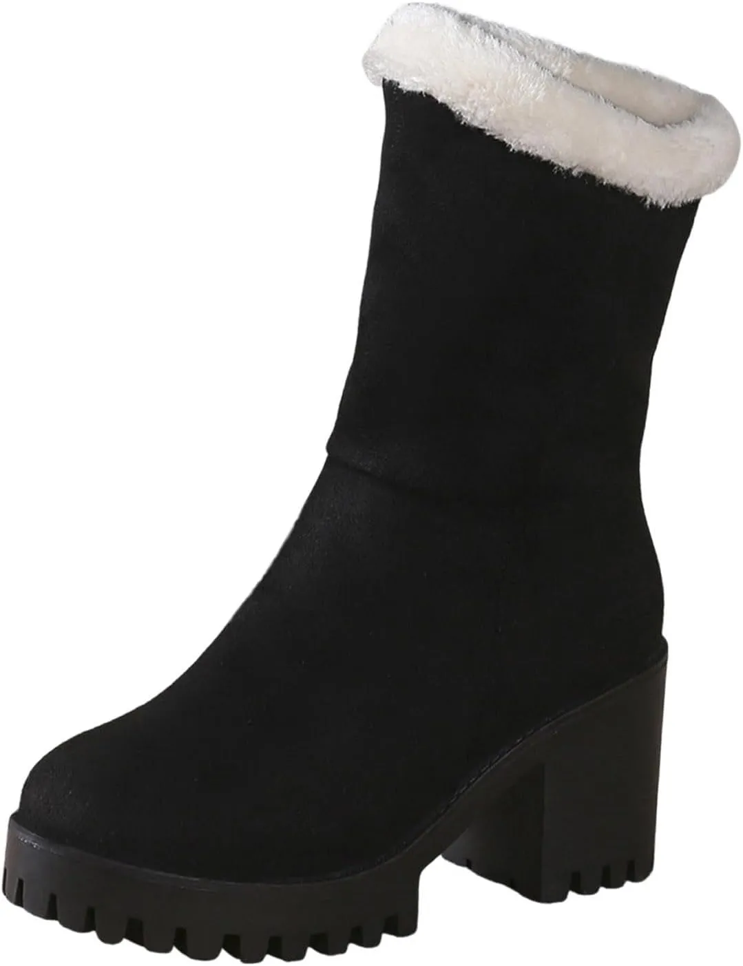 Women's Snow Boots Mid Calf Suede Chunky Heel Winter Casual Boots Warm Fur Lined Booties Slip on Fleece Ankle Boots Lace Up Ladies Lightweight Walking Hiking Boots