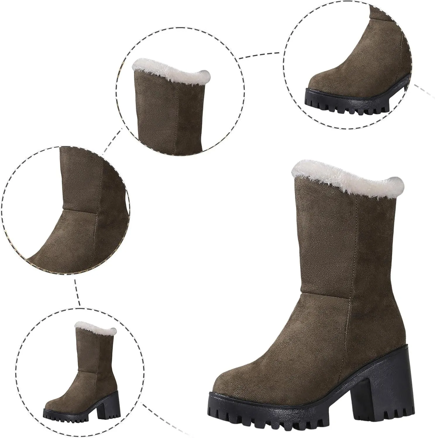 Women's Snow Boots Mid Calf Suede Chunky Heel Winter Casual Boots Warm Fur Lined Booties Slip on Fleece Ankle Boots Lace Up Ladies Lightweight Walking Hiking Boots