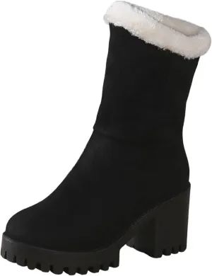 Women's Snow Boots Mid Calf Suede Chunky Heel Winter Casual Boots Warm Fur Lined Booties Slip on Fleece Ankle Boots Lace Up Ladies Lightweight Walking Hiking Boots