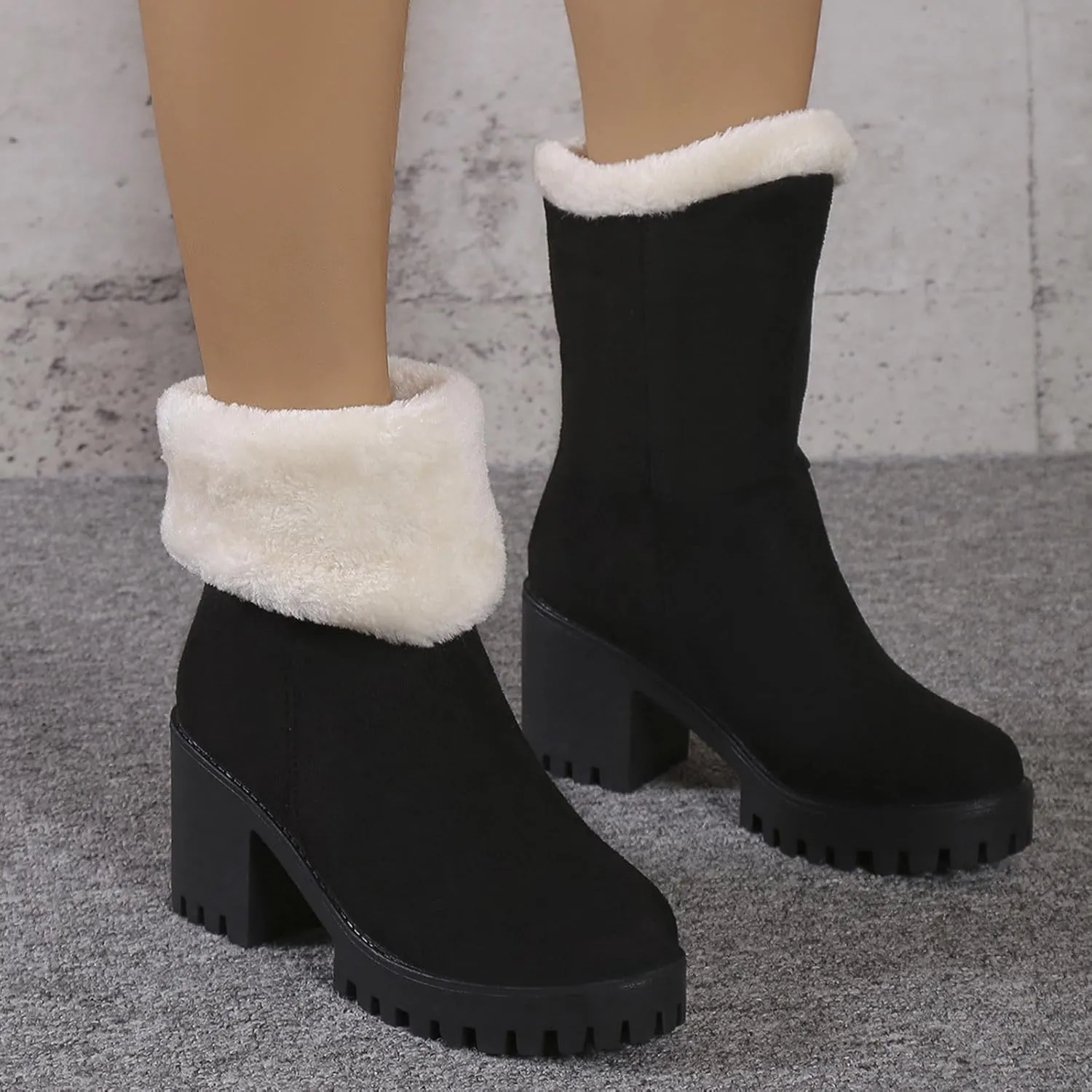 Women's Snow Boots Mid Calf Suede Chunky Heel Winter Casual Boots Warm Fur Lined Booties Slip on Fleece Ankle Boots Lace Up Ladies Lightweight Walking Hiking Boots