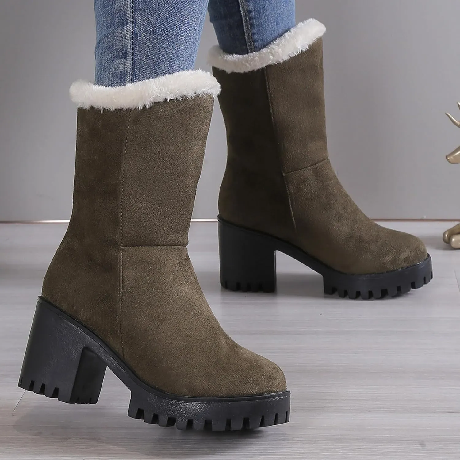 Women's Snow Boots Mid Calf Suede Chunky Heel Winter Casual Boots Warm Fur Lined Booties Slip on Fleece Ankle Boots Lace Up Ladies Lightweight Walking Hiking Boots