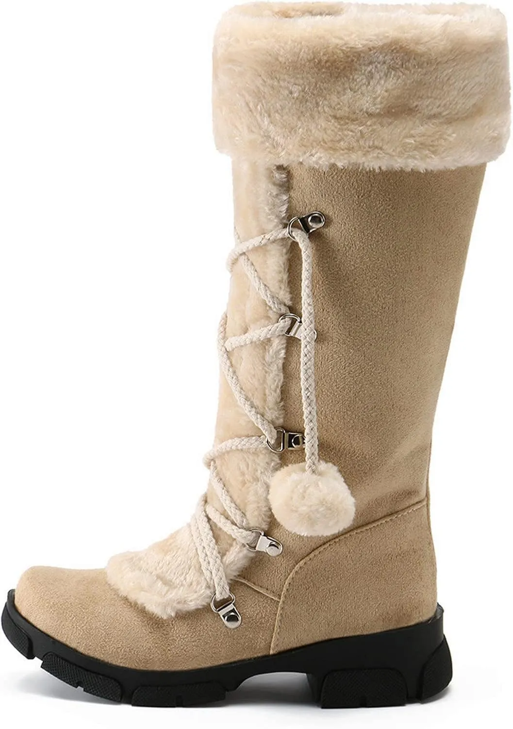 Womens Snow Boots Suede Mid Calf Dressy Winter Boots Pompom Non-Slip Fully Fur Booties Cold Weather Lace Up Ankle Boots Outdoor Sneakers Winter Shoes