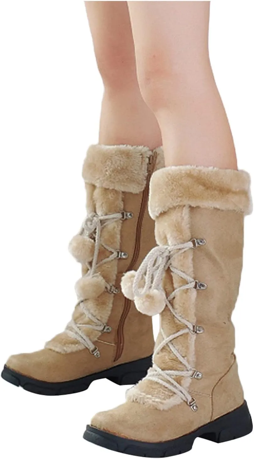 Womens Snow Boots Suede Mid Calf Dressy Winter Boots Pompom Non-Slip Fully Fur Booties Cold Weather Lace Up Ankle Boots Outdoor Sneakers Winter Shoes