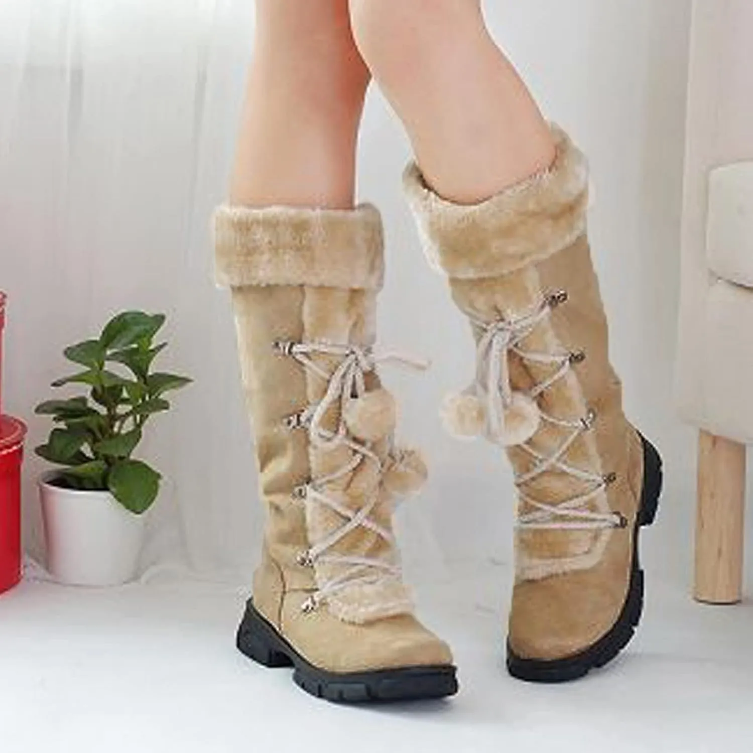 Womens Snow Boots Suede Mid Calf Dressy Winter Boots Pompom Non-Slip Fully Fur Booties Cold Weather Lace Up Ankle Boots Outdoor Sneakers Winter Shoes