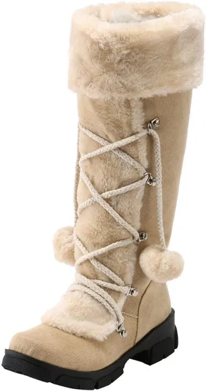 Womens Snow Boots Suede Mid Calf Dressy Winter Boots Pompom Non-Slip Fully Fur Booties Cold Weather Lace Up Ankle Boots Outdoor Sneakers Winter Shoes