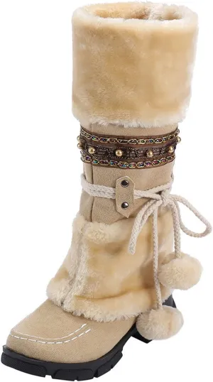 Women's Snow Boots Suede Mid Calf Dressy Winter Boots Pompom Non Slip Fuzzy Fur Booties Cold Weather Lace Up Ankle Boots Ladies Walking Hiking Booties