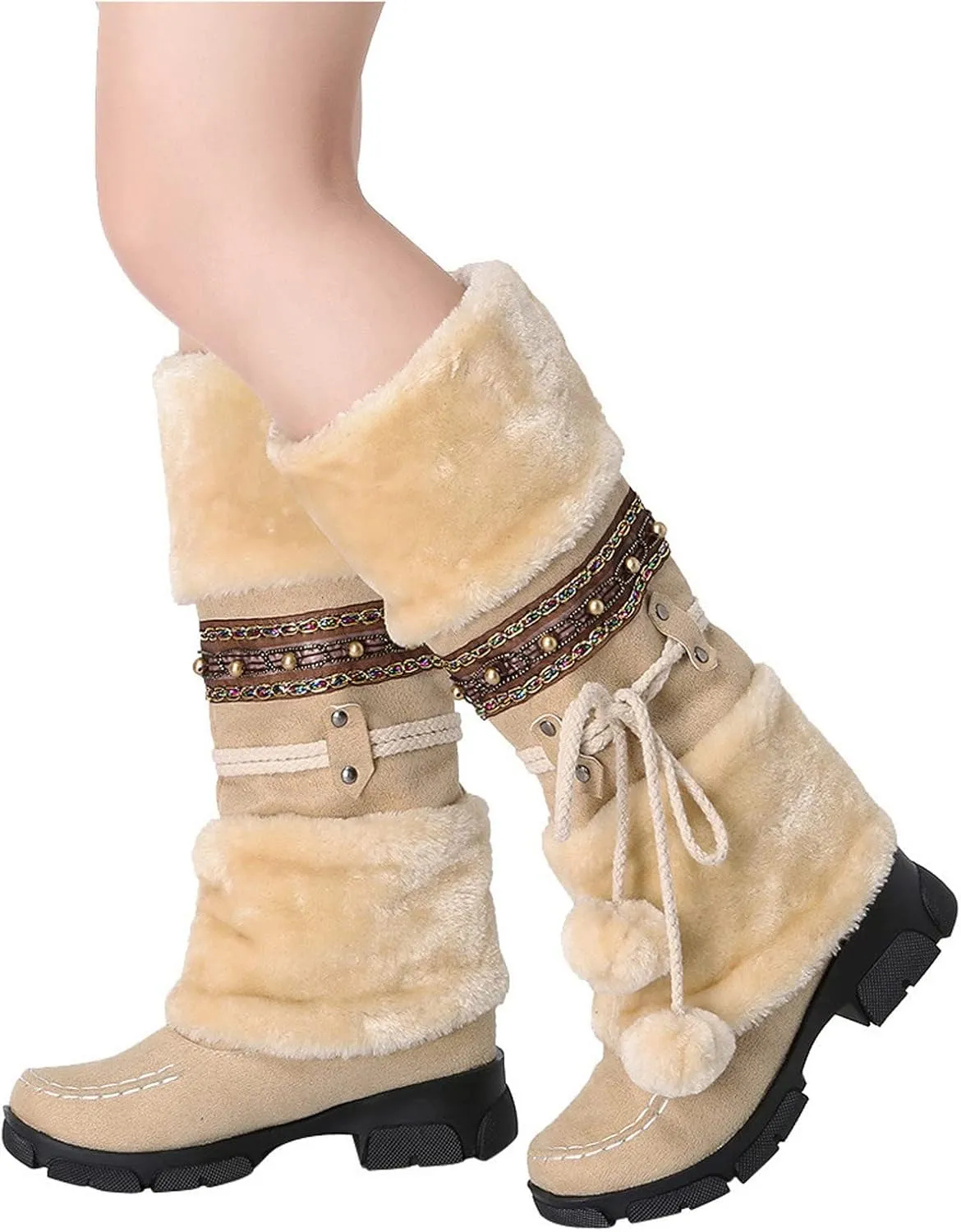 Women's Snow Boots Suede Mid Calf Dressy Winter Boots Pompom Non Slip Fuzzy Fur Booties Cold Weather Lace Up Ankle Boots Ladies Walking Hiking Booties