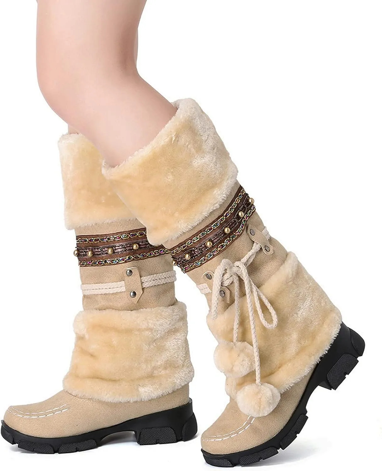 Women's Snow Boots Suede Mid Calf Dressy Winter Boots Pompom Non Slip Fuzzy Fur Booties Cold Weather Lace Up Ankle Boots Ladies Walking Hiking Booties