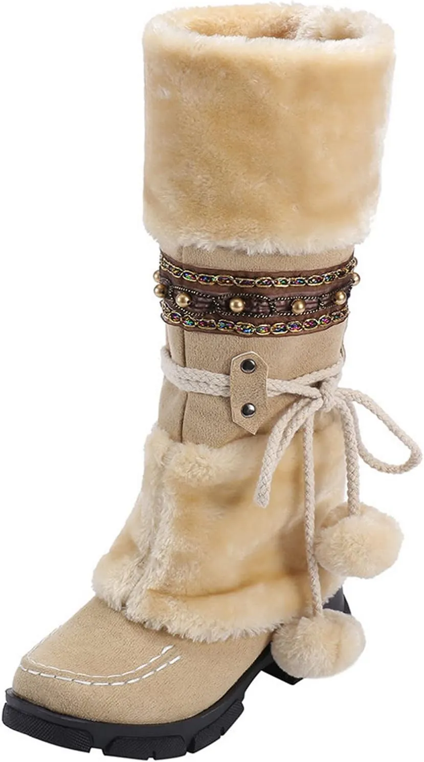 Women's Snow Boots Suede Mid Calf Dressy Winter Boots Pompom Non Slip Fuzzy Fur Booties Cold Weather Lace Up Ankle Boots Ladies Walking Hiking Booties