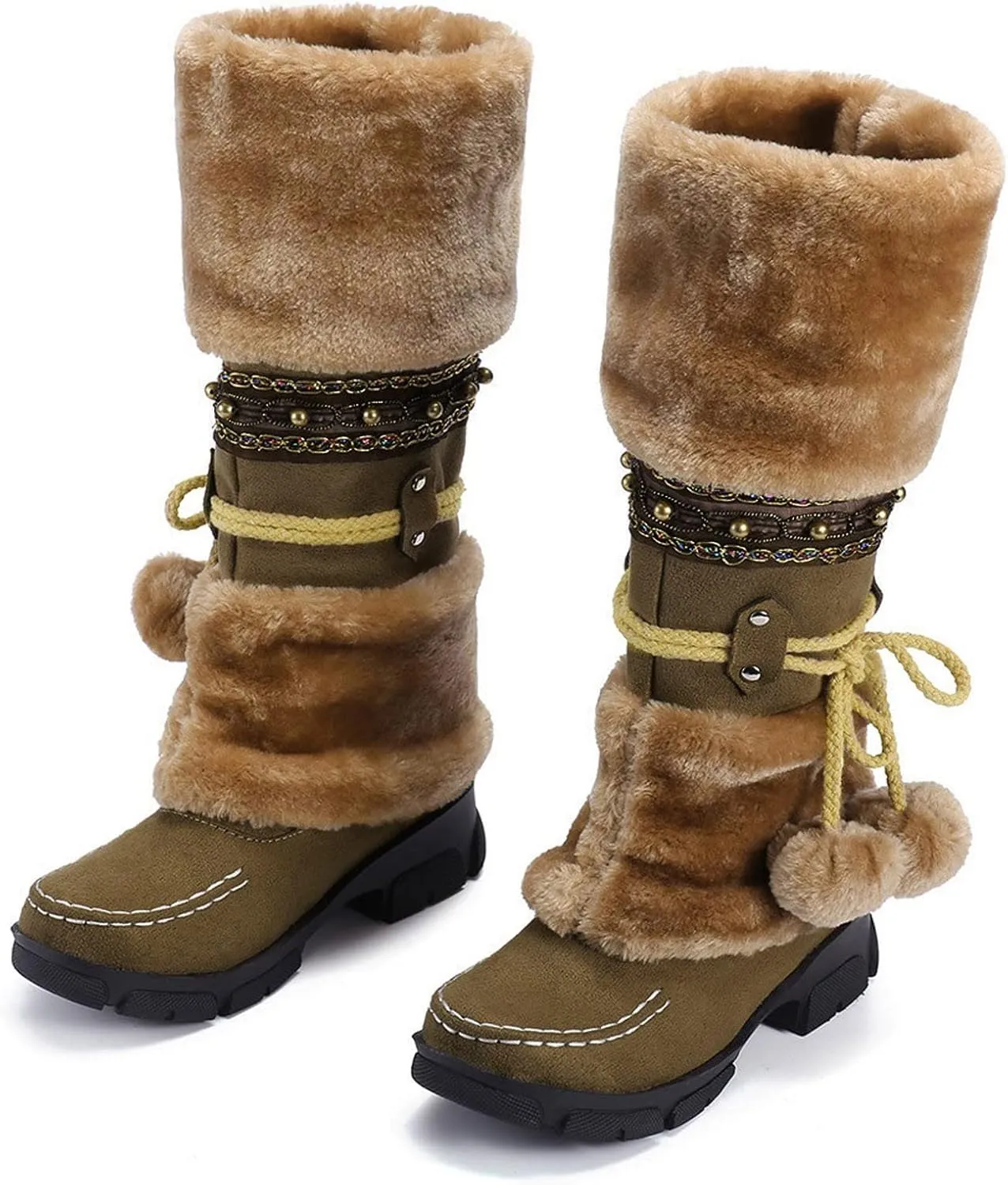 Women's Snow Boots Suede Mid Calf Dressy Winter Boots Pompom Non Slip Fuzzy Fur Booties Cold Weather Lace Up Ankle Boots Ladies Walking Hiking Booties