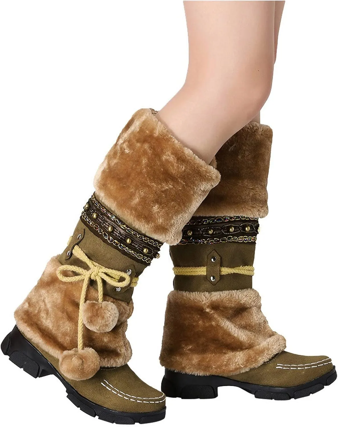 Women's Snow Boots Suede Mid Calf Dressy Winter Boots Pompom Non Slip Fuzzy Fur Booties Cold Weather Lace Up Ankle Boots Ladies Walking Hiking Booties