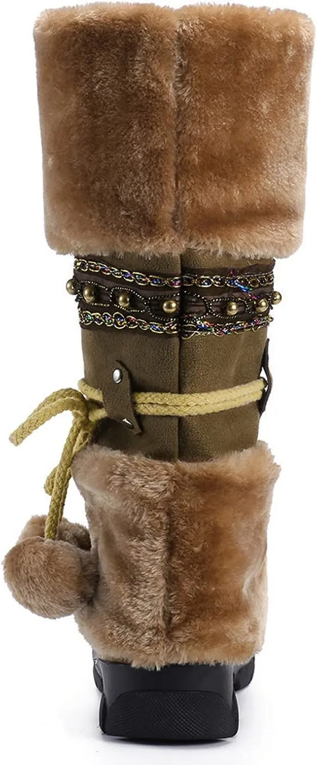 Women's Snow Boots Suede Mid Calf Dressy Winter Boots Pompom Non Slip Fuzzy Fur Booties Cold Weather Lace Up Ankle Boots Ladies Walking Hiking Booties