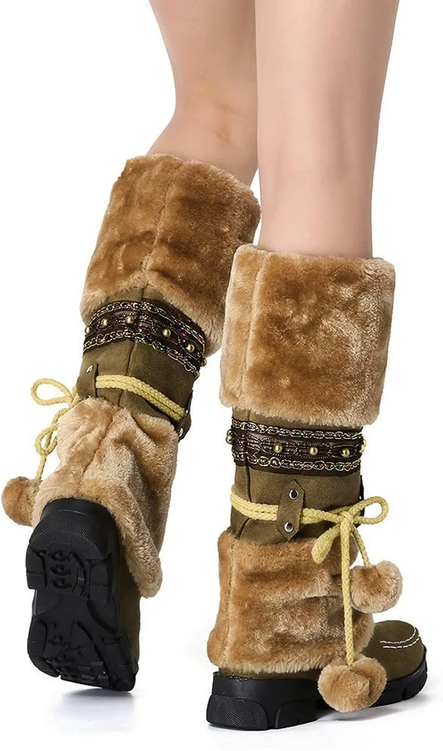 Women's Snow Boots Suede Mid Calf Dressy Winter Boots Pompom Non Slip Fuzzy Fur Booties Cold Weather Lace Up Ankle Boots Ladies Walking Hiking Booties