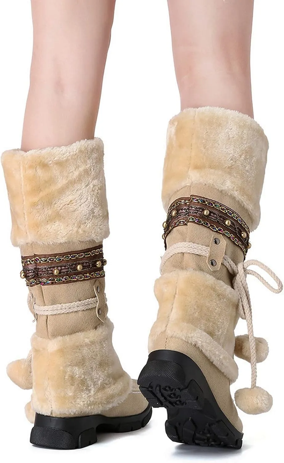 Women's Snow Boots Suede Mid Calf Dressy Winter Boots Pompom Non Slip Fuzzy Fur Booties Cold Weather Lace Up Ankle Boots Ladies Walking Hiking Booties