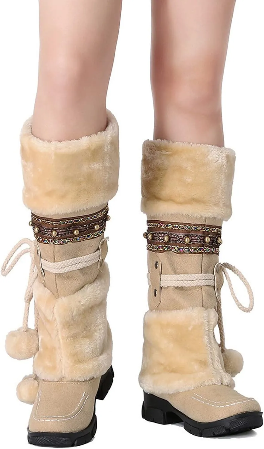 Women's Snow Boots Suede Mid Calf Dressy Winter Boots Pompom Non Slip Fuzzy Fur Booties Cold Weather Lace Up Ankle Boots Ladies Walking Hiking Booties