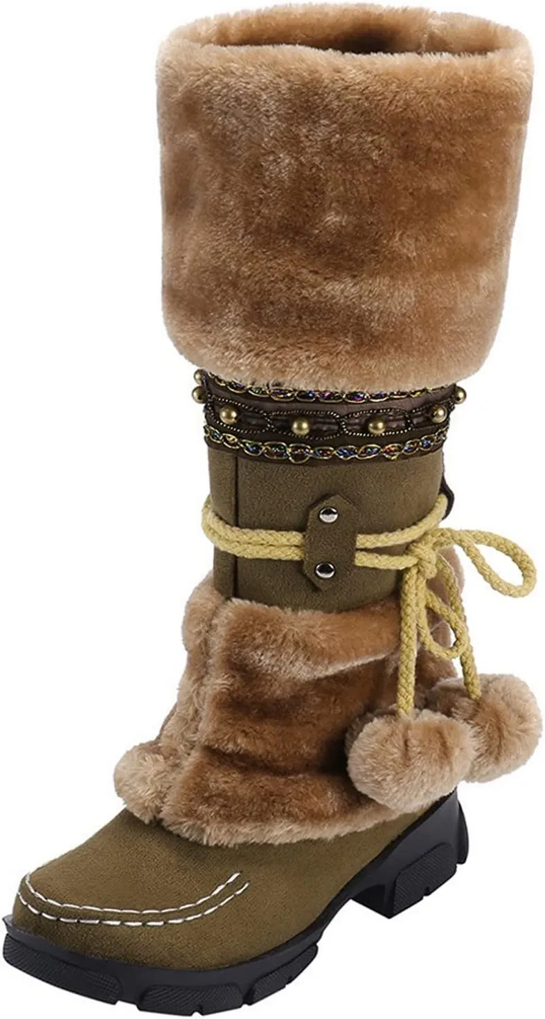 Women's Snow Boots Suede Mid Calf Dressy Winter Boots Pompom Non Slip Fuzzy Fur Booties Cold Weather Lace Up Ankle Boots Ladies Walking Hiking Booties