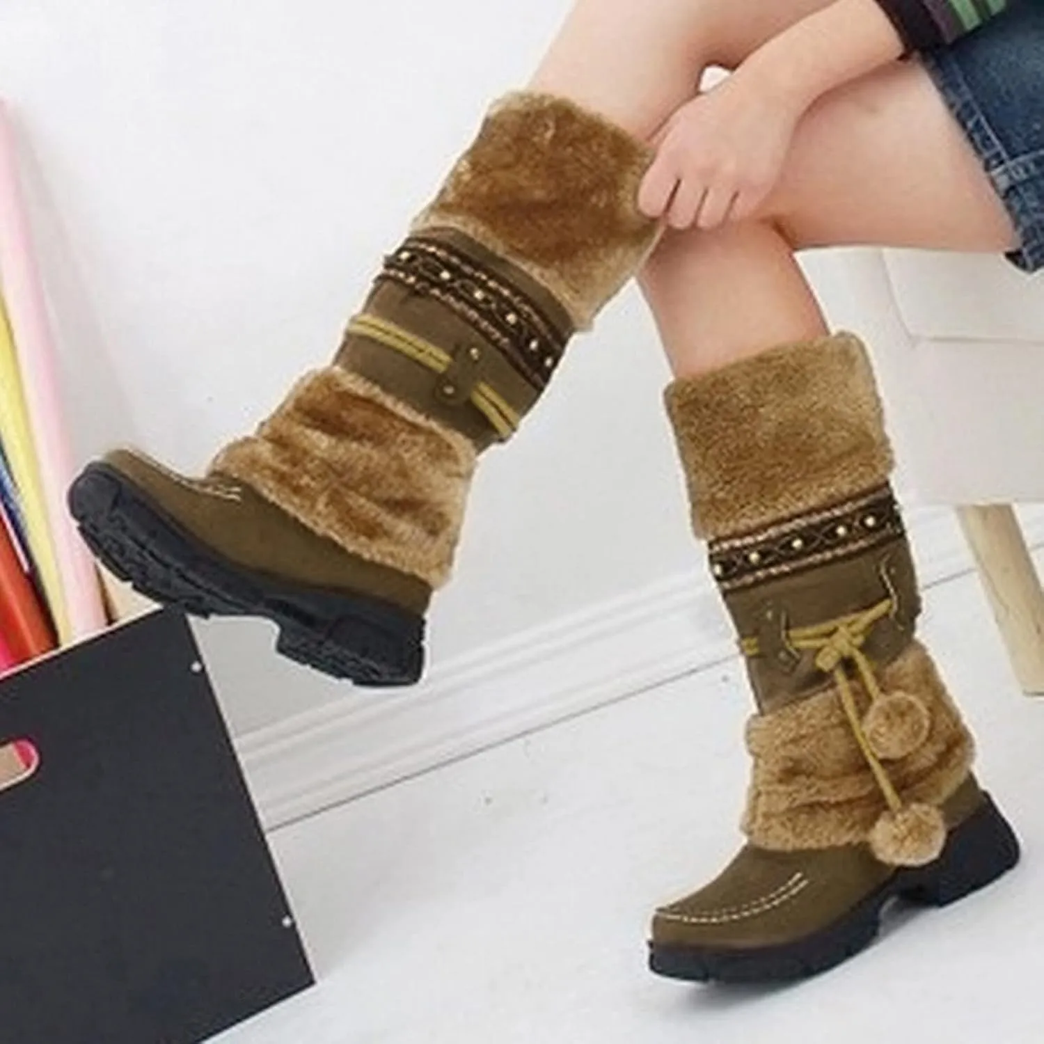 Women's Snow Boots Suede Mid Calf Dressy Winter Boots Pompom Non Slip Fuzzy Fur Booties Cold Weather Lace Up Ankle Boots Ladies Walking Hiking Booties